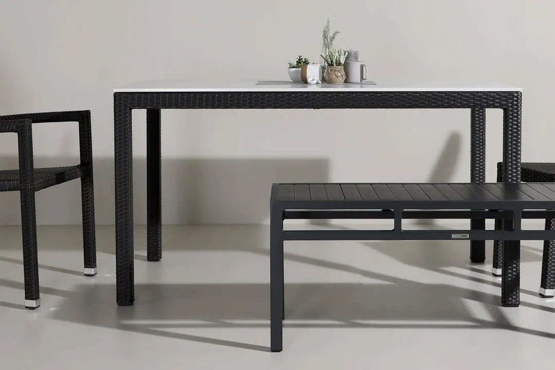 Modern Outdoor Dining Area Idea With Our Sintered Stone Dayboro Dining Table And Maldives Side Arm Chair - Comfort Furniture