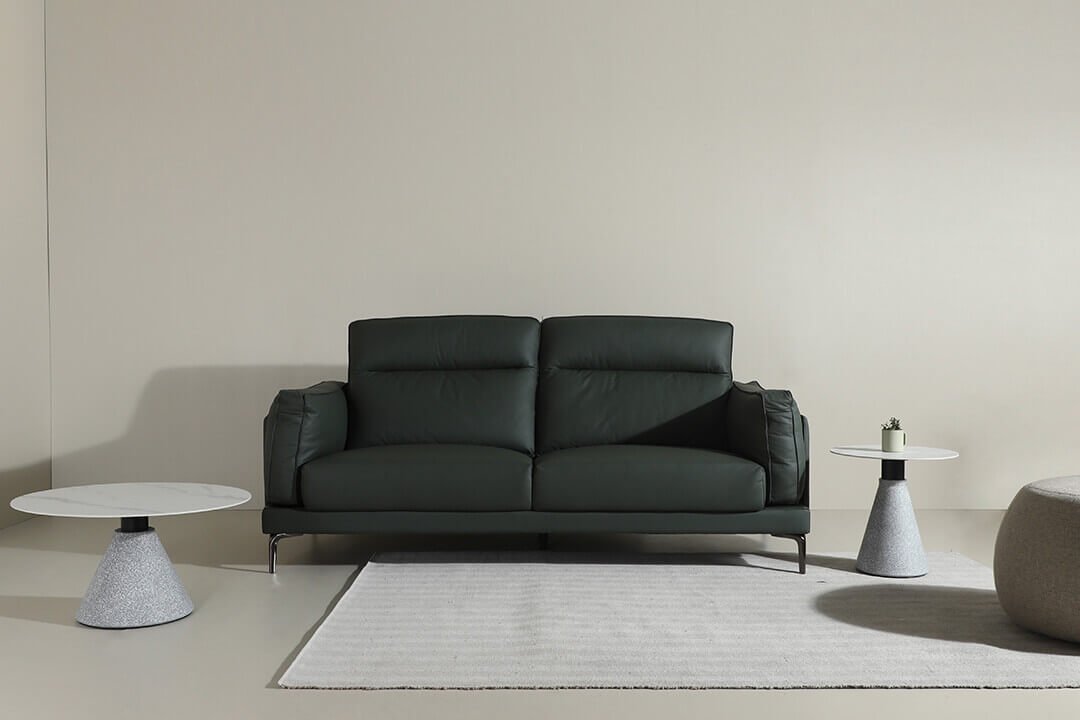 Evan Leather Sofa And Uno Coffee Table Furniture Setup With Chimo Pouf - Comfort Furniture