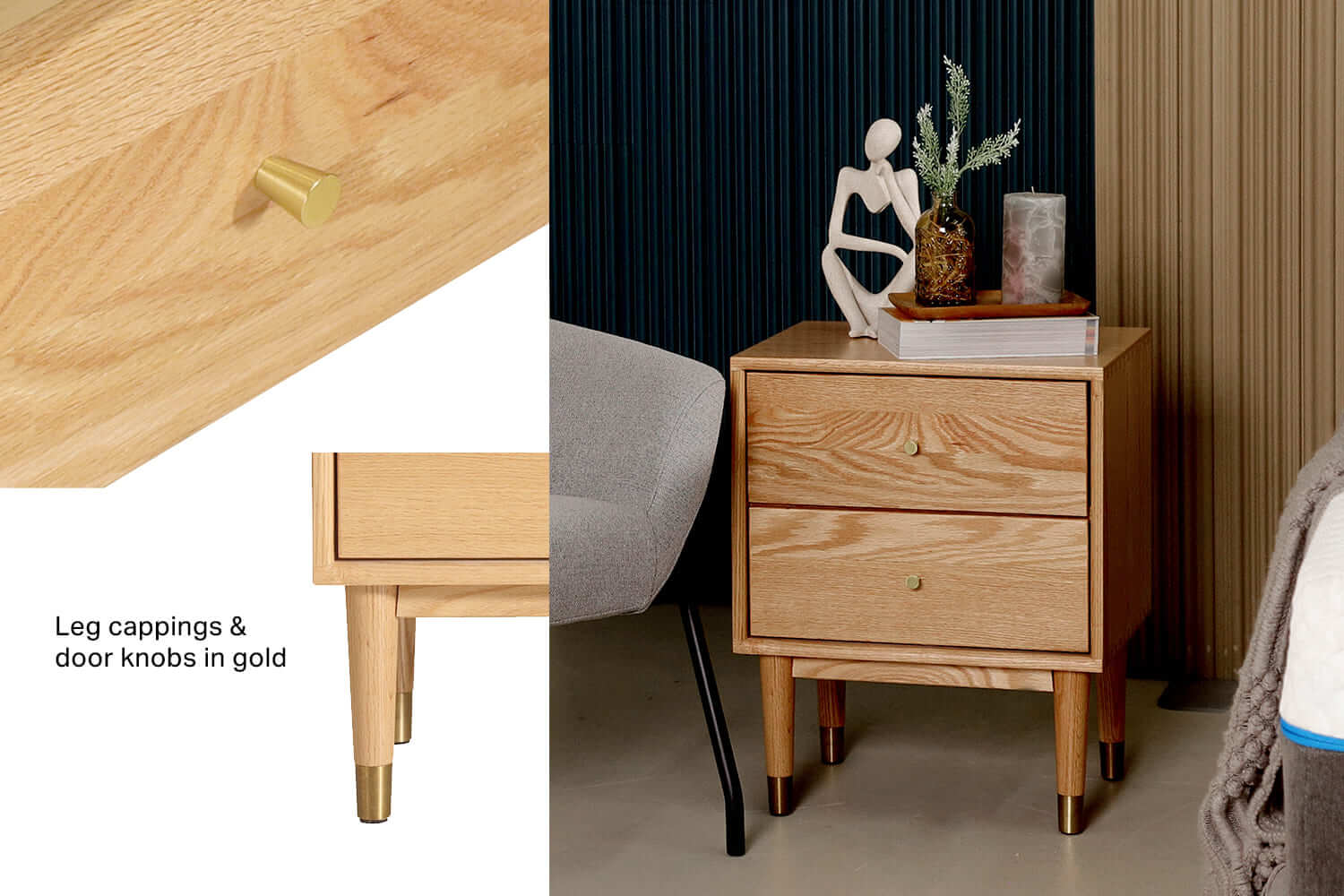 Ambrose Bedside Table Gold Cappings Gold Knobs - Comfort Furniture