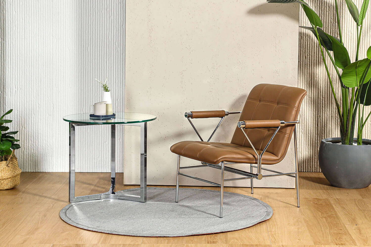 Chrome Luxino Lounger & Glass Coffee Table with Silver Legs - Comfort Design Furniture