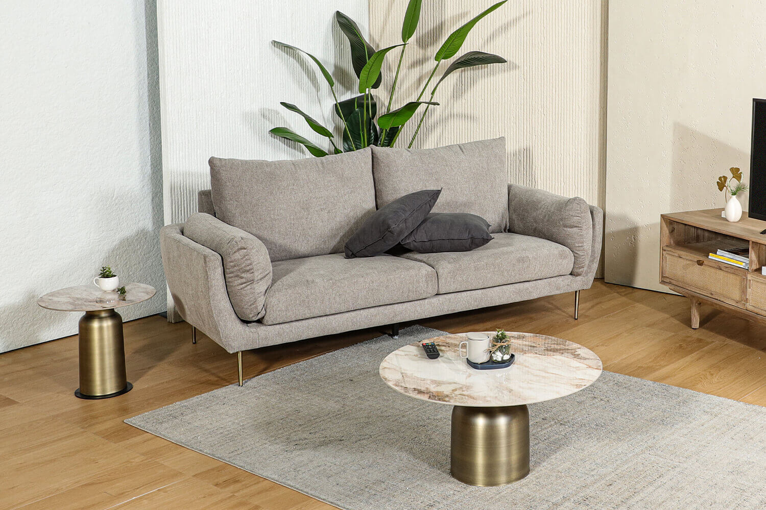 Living Room: Ginette Grey Fabric Sofa with Gold Legs & Ote Sintered Table with Bronze Finish Base - Comfort Design Furniture