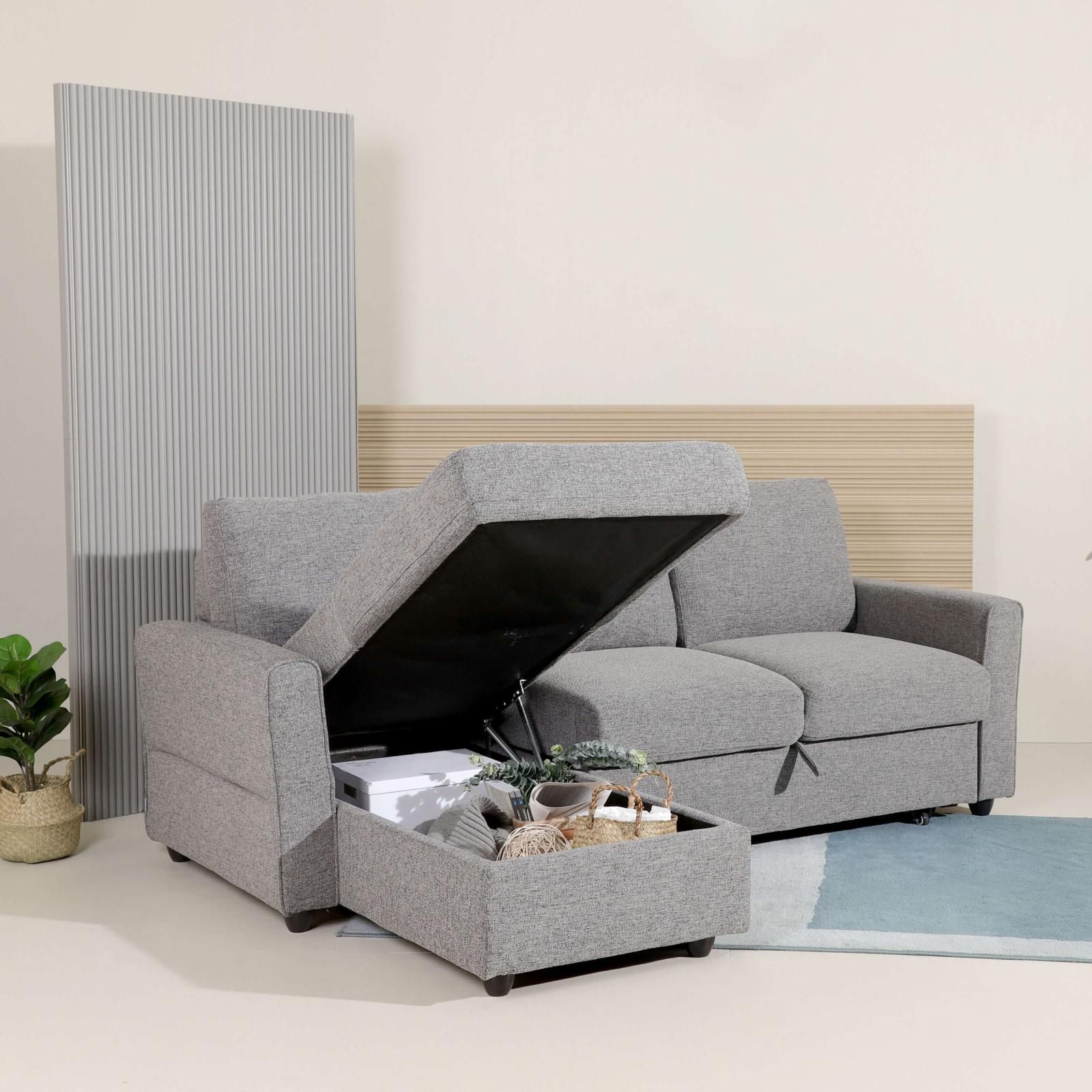 Leonard 3 Seater L Shaped Sofa Sofabed Storage Medium Grey Comfort Design Furniture